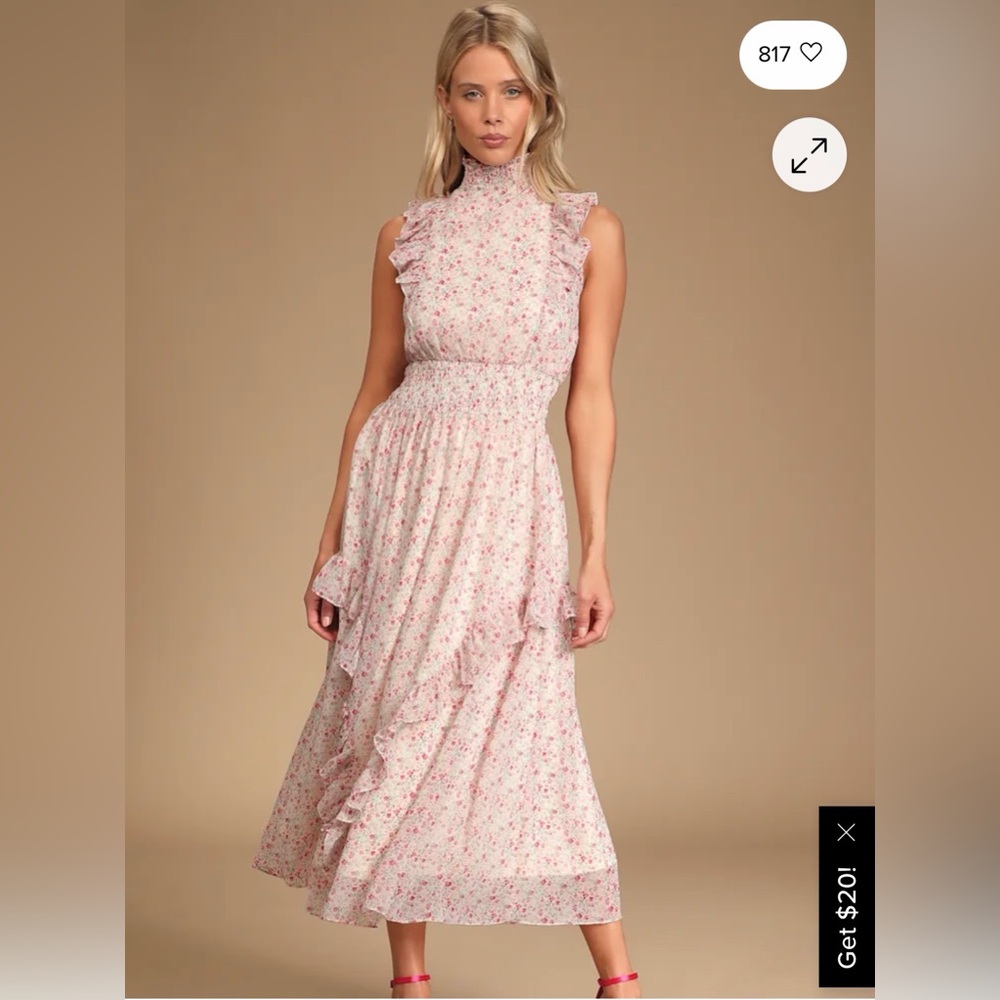 Lulu's Blush Floral Midi Dress with Ruffles